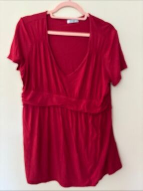 Women's Red Short-Sleeve V-Neck Top with Empire Waist